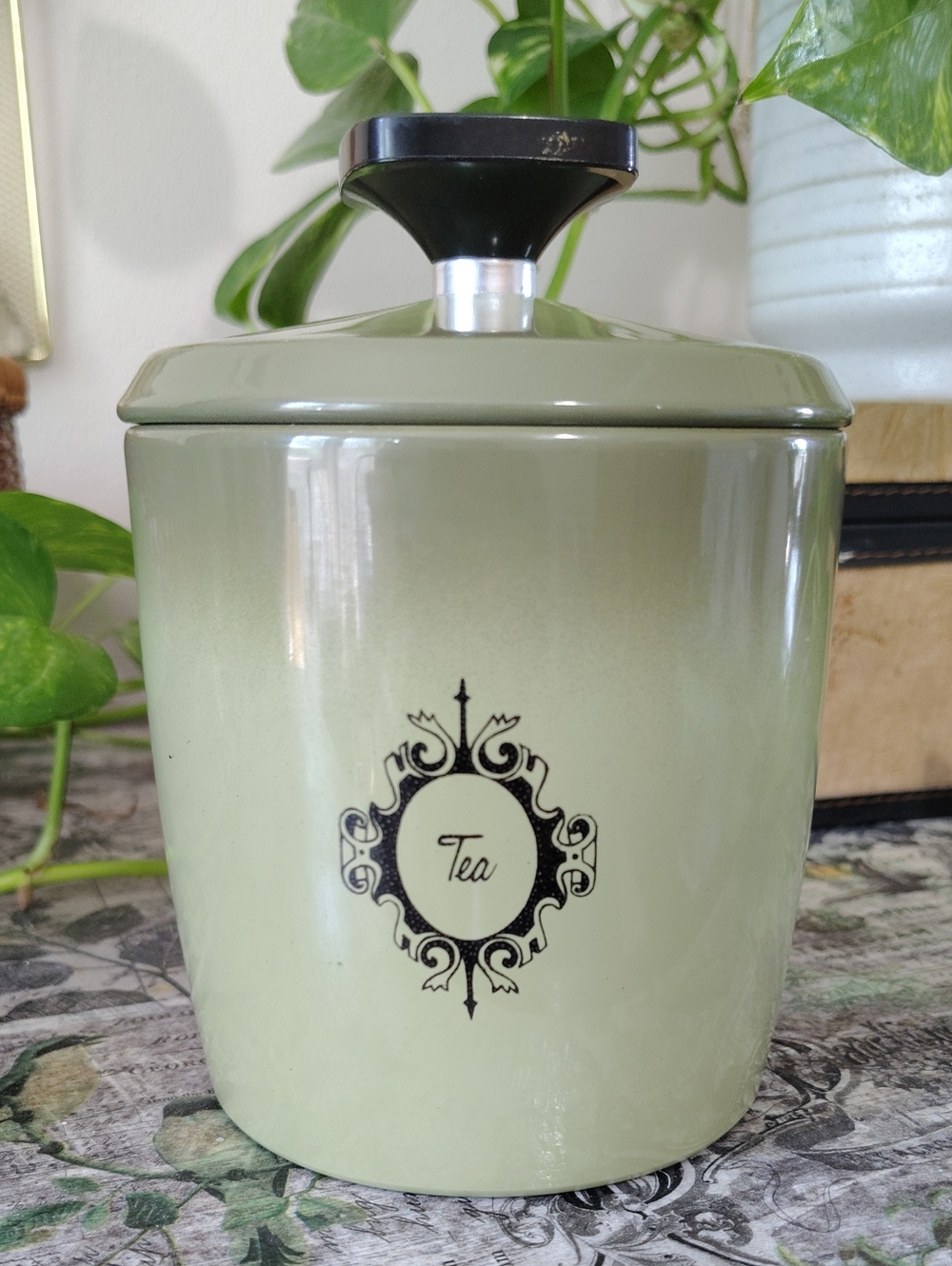 Vintage West Bend Avocado  Green Tea Canister with Black Knob